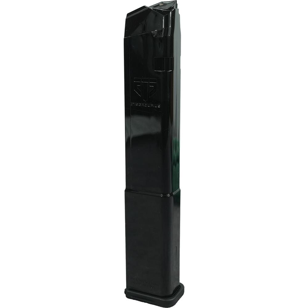 High-capacity magazine for firearms in black.