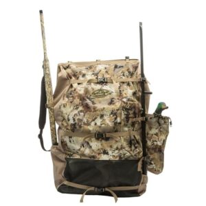 Camouflage hunting backpack with shotgun and decoy.