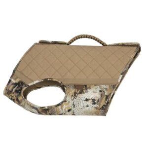 Camouflage dog vest with handle on top.