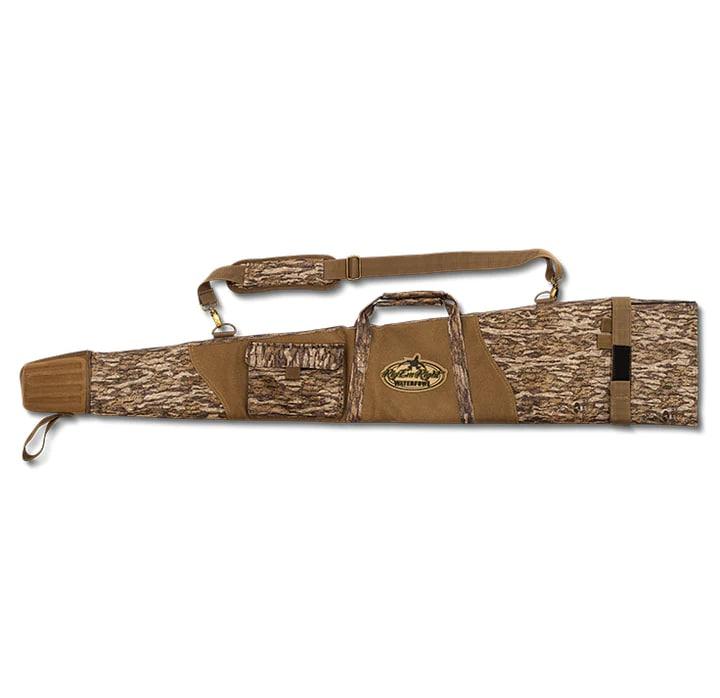 Camouflage rifle case with shoulder strap.