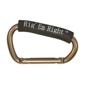 Brown metal carabiner with Rig 'Em Right logo.