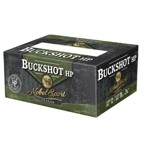 NobelSport Buckshot HP shotgun ammunition box.