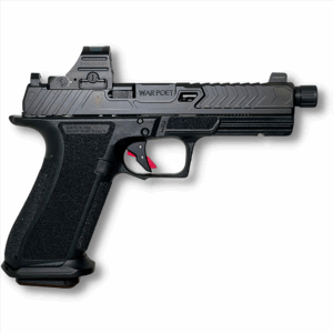 Black handgun side view with red accents and sights.