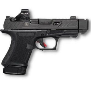 Black handgun with tactical sight attachment.
