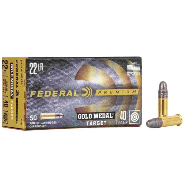 Federal .22 LR Gold Medal ammunition box and bullets.
