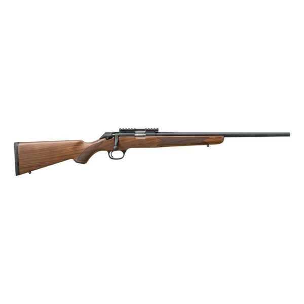 Bolt-action hunting rifle with wooden stock.