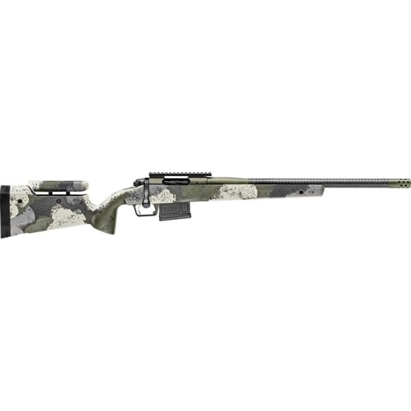 Camouflage hunting rifle, bolt-action design, side view