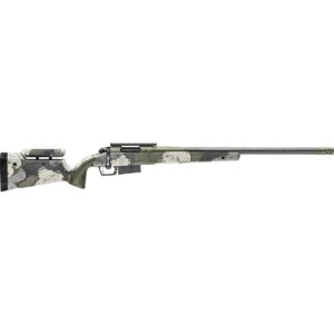 Camouflage bolt-action rifle with long barrel.
