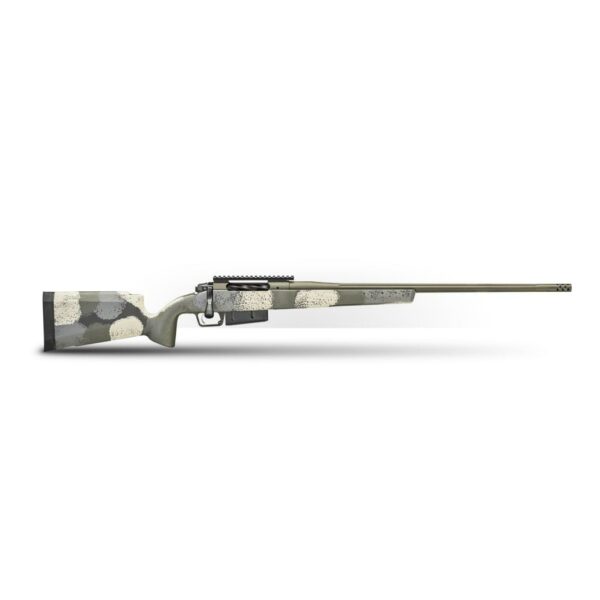 Camouflage hunting rifle with long barrel.