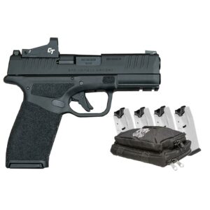Compact black handgun with magazines and pouch.