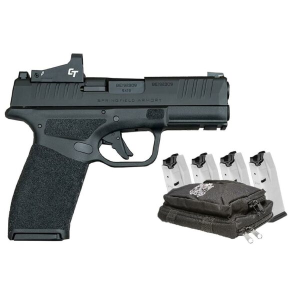 Compact black handgun with magazines and pouch.