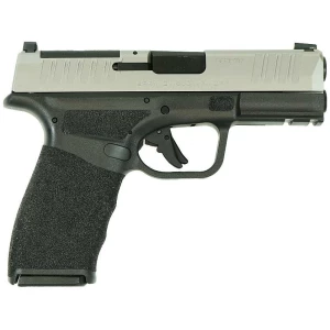 Black and silver semi-automatic handgun, side view.