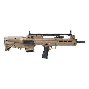 Tan bullpup-style shotgun isolated on white background.