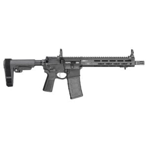 Black tactical rifle with a short barrel