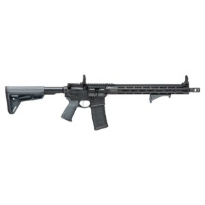 Modern black rifle on white background