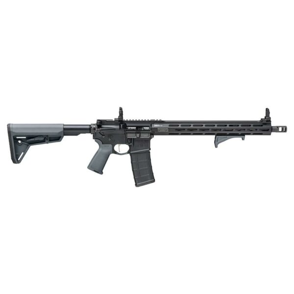 Modern black rifle on white background