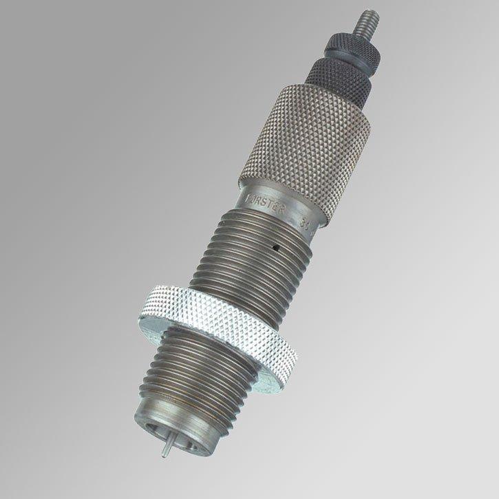 Rifle reloading die against gradient background.