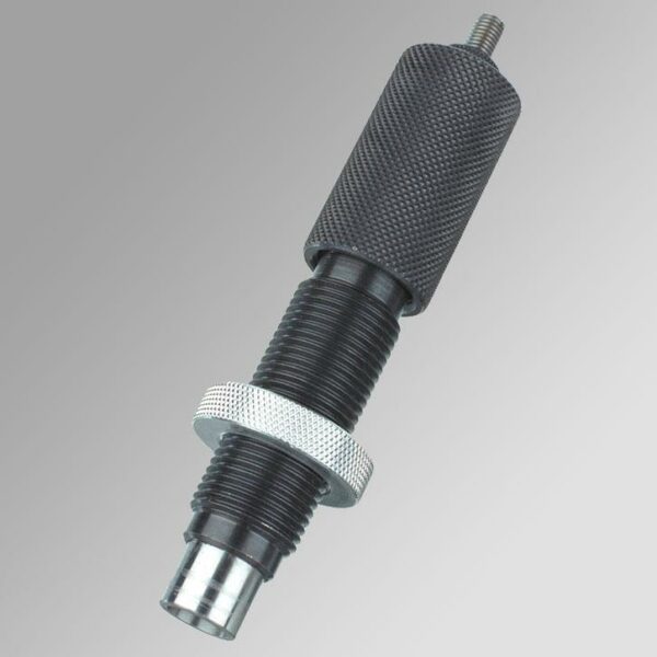Black threaded mechanical part with silver ring.