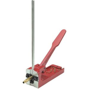 Red industrial wire crimping tool with long handle.