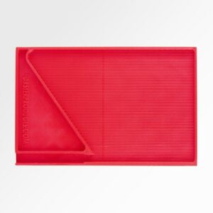 Red textured placemat with corner pocket.