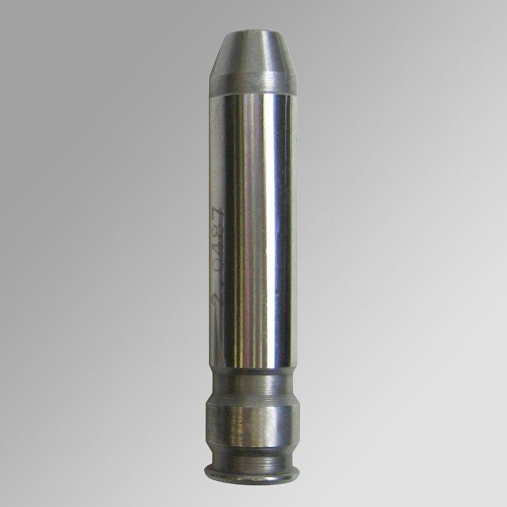 Metallic cylindrical tool component on gray background.