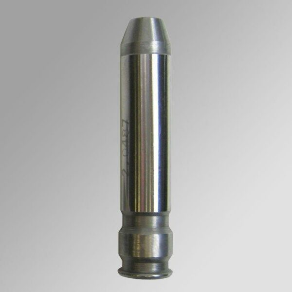 Metallic automotive engine valve guide on gray background.