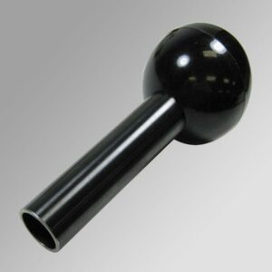 Black ball knob with handle on gray background.