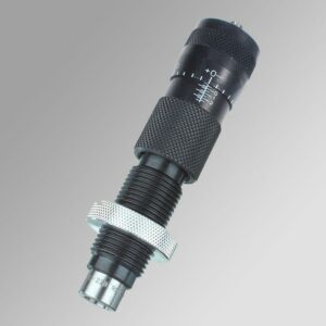 Black micrometer adjustable thimble on gray background.