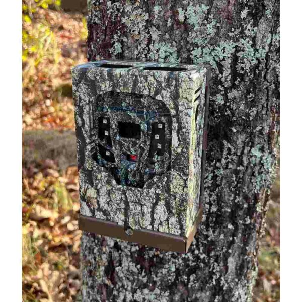Camouflaged trail camera attached to a tree trunk.