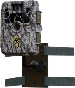Camouflage trail camera with mounting bracket and straps.