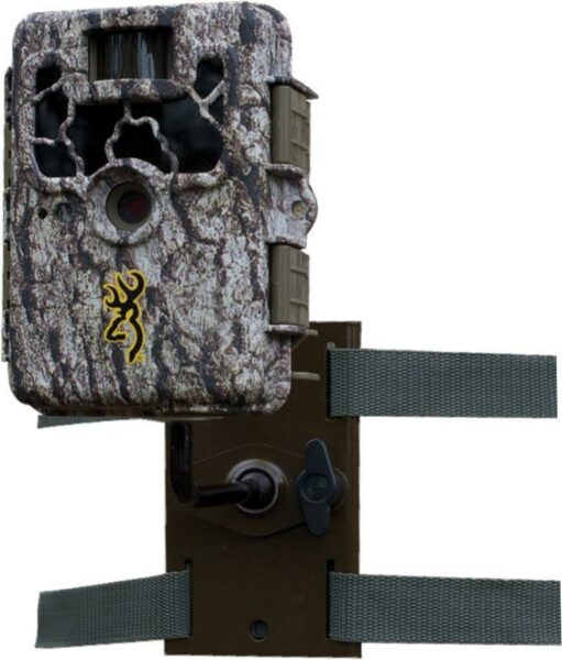Camouflage trail camera with mounting bracket and straps.