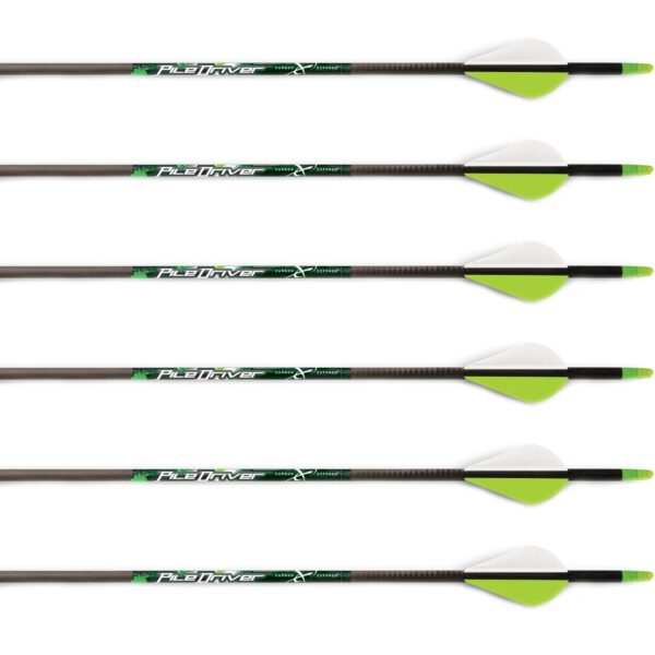 Six carbon arrows with green and white fletching.