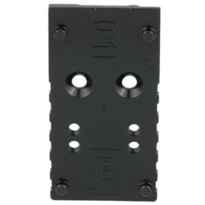 Black metal mounting bracket with multiple holes.