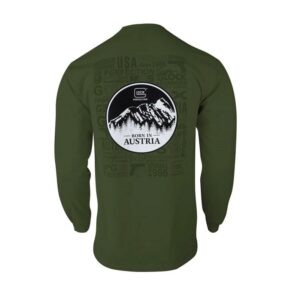 Olive shirt with Austria mountain logo on back.