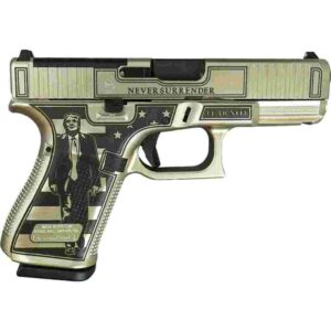 Decorative pistol with slogans and figure.