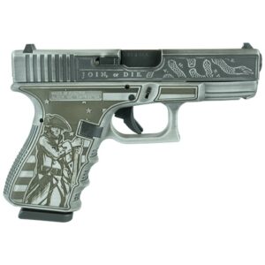 Decorative engraved handgun with historical motifs.