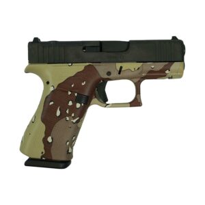 Camouflage-patterned handgun on white background.