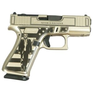 Pistol with political artwork and 'Never Surrender' engraving.