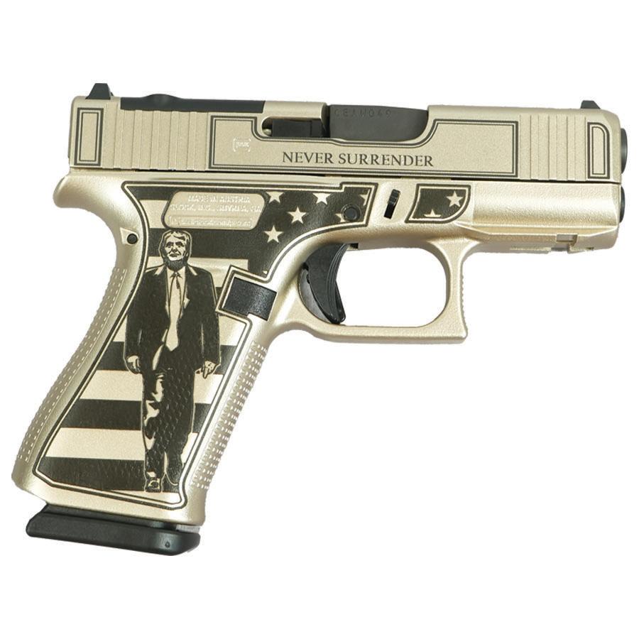 Pistol with political artwork and 'Never Surrender' engraving.
