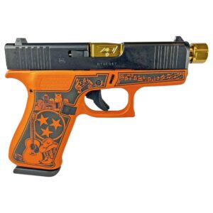 Custom pistol with musical and city skyline design.