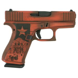 Custom red handgun with star and Alamo design.