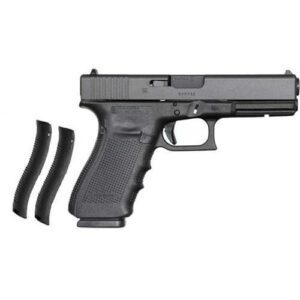 Black handgun with grip accessories on white background.