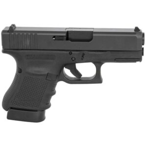 Black handgun with textured grip, side view.