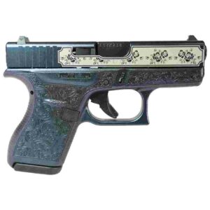 Ornately engraved handgun with floral design