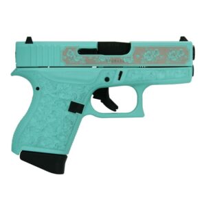 Turquoise handgun with floral engravings