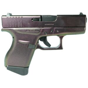 Compact handgun with metallic finish.