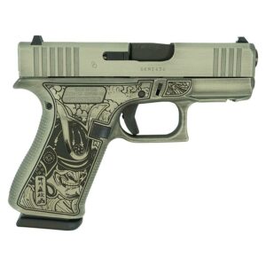 Decorative handgun with engraved samurai design.