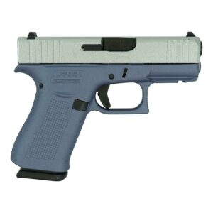 Blue and silver handgun, left side view.