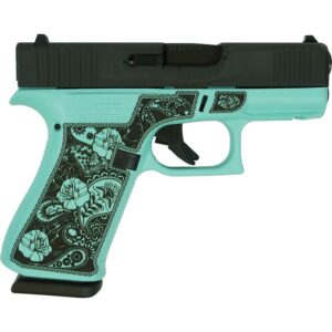 Teal handgun with floral design