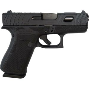 Black semi-automatic handgun isolated on white background.